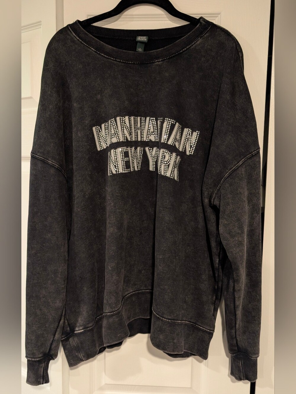 Manhattan New York Black Mineral-Wash Crewneck Sweater